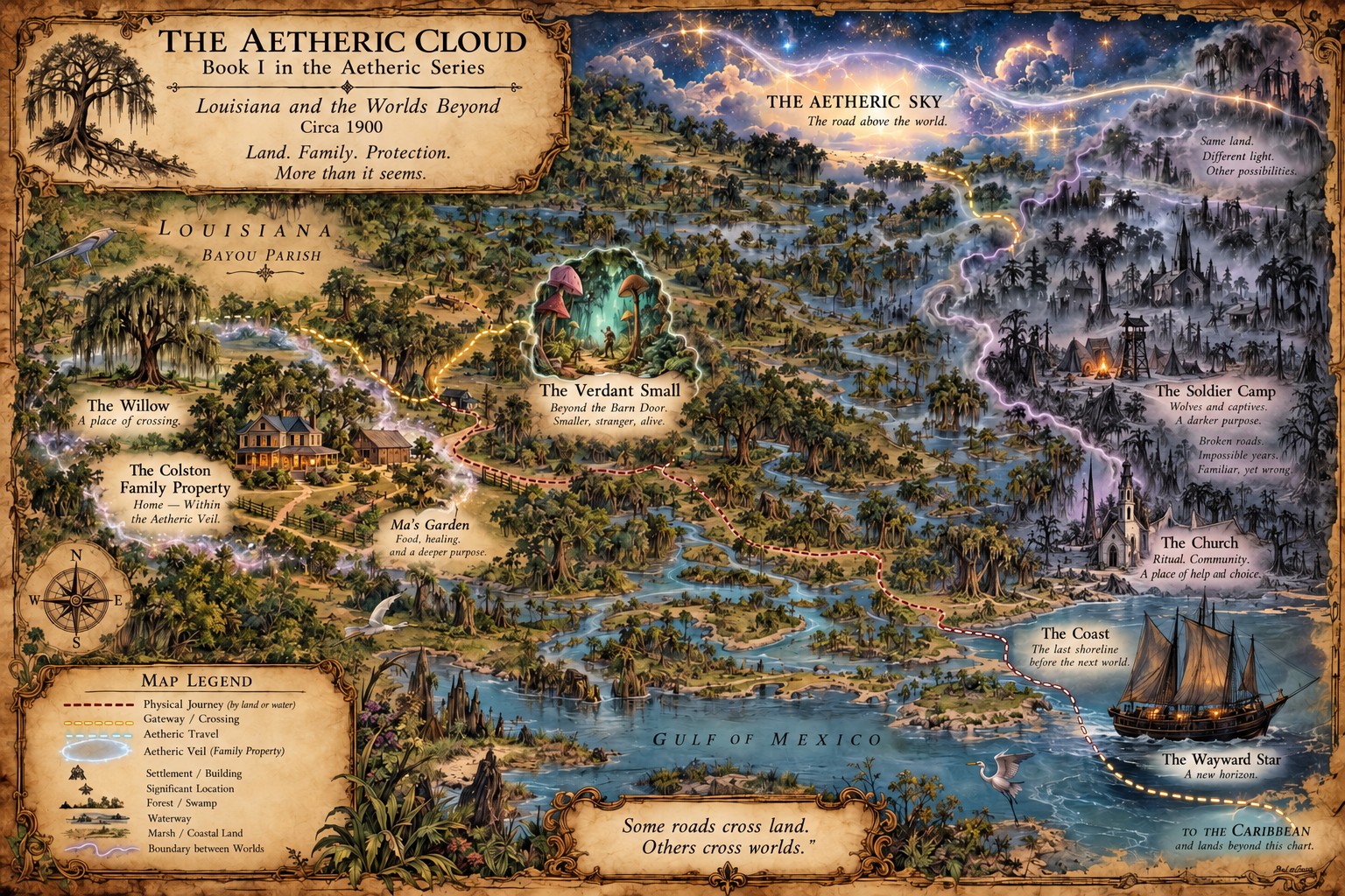Illustrated map: the family property and willow in the Louisiana bayou, the Verdant Small, an aetheric sky route, a mirrored landscape with a church and soldier camp, and the coast with the Wayward Star