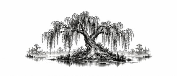 Engraving of a willow tree beside the bayou